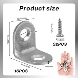 16 PCS Small Angle Brackets,20×20×16mm L Shaped Corner Brackets for Wood Stainless Steel Metal Bracket with 32 Screws Right Angle 90 Degree Corner Brace for Shelves Furniture Desk Table
