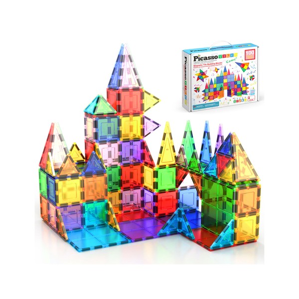 PicassoTiles 100 Piece Set 100pcs Magnet Building Tiles Clear Magnetic