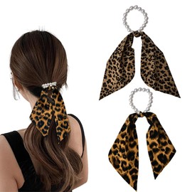 Leopard Hair Scarf Scrunchies for Women Leopard Print Hair Ties with Ribbons for Women Elastic Pearl Ponytail Holders for Thin Thick Hair Bands for Women's Hair No Slip Hair Scrunchies Animal Print
