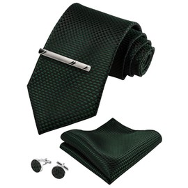 TIE G Stripe Plaid Mens Ties Set in Black Gift Box: Necktie and Pocket Square, Cufflinks, Tie Clip Formal Business Wedding, B3-hunter Green Diamond, Modern