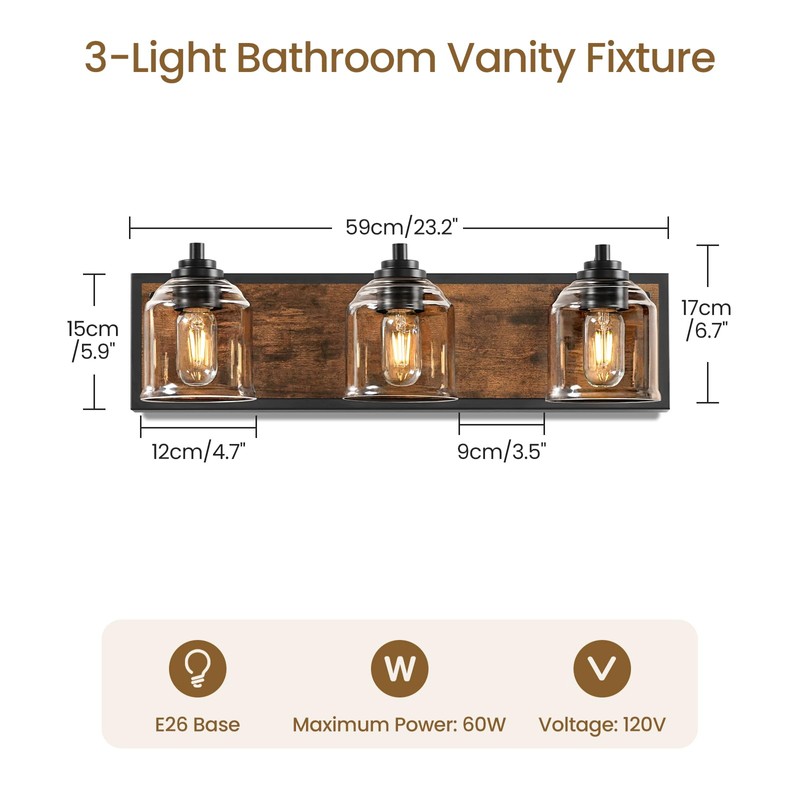 GOEBLESON 3-Light Bathroom Fixture, 23.2" Large Farmhouse Vanity Light, E26