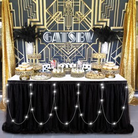 Black Tulle Tutu Table Skirts for Rectangle or Round Tables 6ft Black Table Cloth with LED for Birthday Party Banquet Wedding