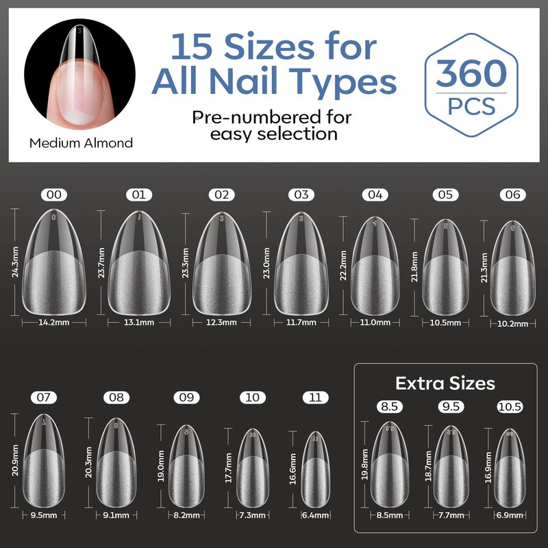 Modelones Medium Almond Nail Tips, 360pcs Pre-etched Clear Fake Nails