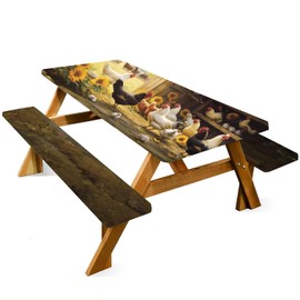 ANNA QUEEN Farm Chicken Picnic Table Cover Set, Rustic Country Barn 6FT 3PCS Tablecloth and Bench Covers 72"x30" Waterproof for Camping BBQ & Outdoor Dining