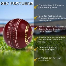 TrySalar® Cricket Practice Ball Red Leather Grade A Senior Training Hand Stitched High Quality Match Quality Weight 155g