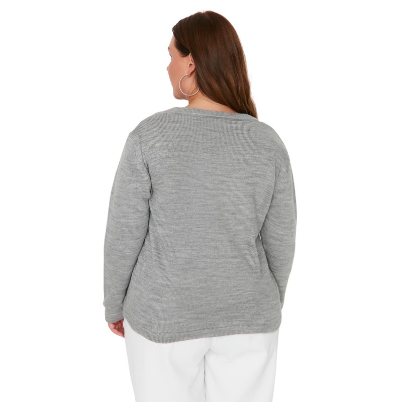 TRENDYOL Women's V-Neck Plain Regular Plus Size Pullover Sweatshirt, lightgrey