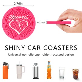 SHMZK 2 PCS Car Cup Holder Coaster, 2.76 Inch Blessed Cross and Heart Vehicle Insert Cup Coasters, Anti-Slip Shockproof PVC Drink Cup Mats for Most Vehicles, Car Accessories (Rose Red)