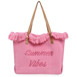 Canvas Beach Bag Fringe Summer Shopper Travel Tote Large Weekend Handbag Holiday Cruise Essentials (pink)