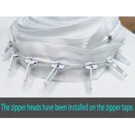 #3 White Bulk Zipper by The Yard Nylon Coil Zippers by The Yard with 15pcs Auto-Lock Installed Zipper Sliders and 15pcs White Pulls 5.0 Yards Long White Zipper for Sewing Crafts Bages.
