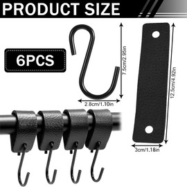 Pack of 6 Leather S Hooks, Camping Hooks, Metal Hooks, Multipurpose Hooks with Leather Loops, Pram Coat Hooks, Handlebar Coat Hooks (Black)