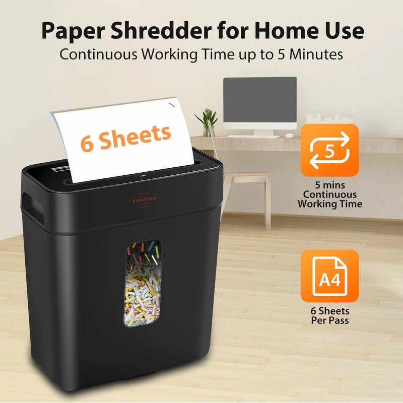 Paper Shredder for Home Use,VidaTeco 6-Sheet Cross-Cut Shredder,Also Shred Card/Clip/Staple,P-4