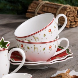 Villeroy & Boch Kaffee-/Teetasse, Untertasse, Hartporzellan, Weiß / Rot, 22 x 16 x 8 cm