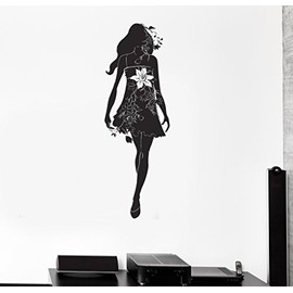 Large Wall Decal Silhouette Beautiful Girl Dress Flowers Vinyl Stickers (ig2848) White