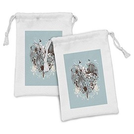 Ambesonne Floral Fabric Pouch Set of 2, Silhouette Bouquet of Flowers in Heart Shape with Dragonflies, Small Drawstring Bag for Toiletries Masks and Favors, 9" x 6", Dark Brown Pale Blue