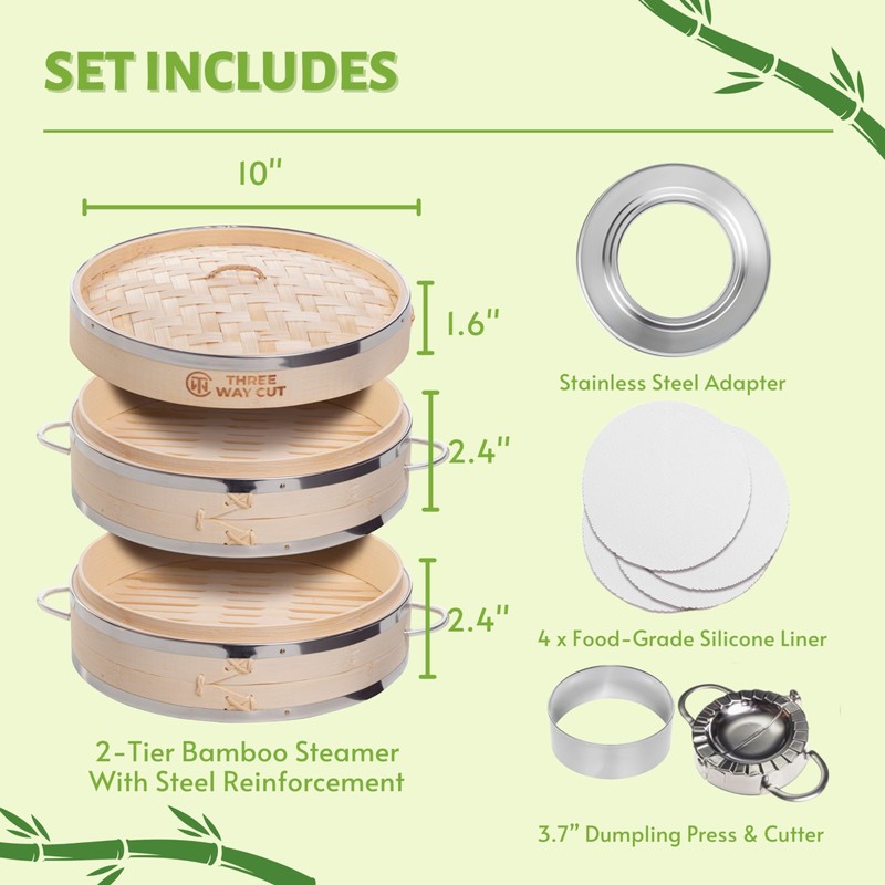 2 Tier Bamboo Steamer- 10" Baskets With Handle, Silicone Liner,