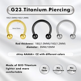 ESHIONER G23 Titanium Septum Rings Horseshoe Piercing Daith Tragus Lip Ring Nose Ring Nose Piercing Thin Small Conch Hypoallergenic 18G 16G 8 mm / 10 mm Black Gold Silver 3 Pieces Septum Piercing