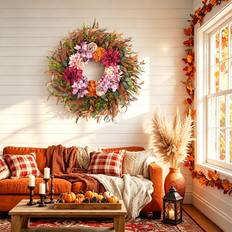 24 Inch Fall Wreath Pink Hydrangea Red Dahlia Wheat for