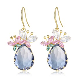 EleQueen Elegant Dainty Butterfly Dangle Earrings for Women, Fish Hook Crystal Teardrop Earrings Jewelry for Gift Blue Gold-Tone