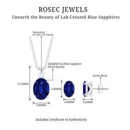 Certified Lab Grown Blue Sapphire Pendant Earrings Set, AAAA Quality, Bridal Jewelry Set In Gold Plated Silver, 925 Sterling Silver, With Chain