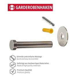 Gedotec UP-25 Stainless Steel Coat Hook Door - Wardrobe & Wall Mounting | Depth: 72 mm | Matte Brushed Stainless Steel | Hook for Concealed Attachment | 1 Piece - Wall Hook with Screws