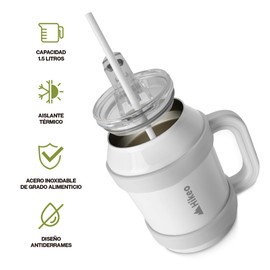 HIKEO Termo de Acero Inoxidable de Doble Pared Extra Grande 1.5 Litros, Vaso Térmico con Popote y Tapa Hermética. Mantiene Bebidas Frías Hasta 10 Horas y Calientes 8 Horas, para Agua, Café y más