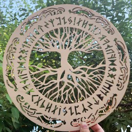 4 Pieces Viking Wooden Wall Decor Tree of Life Wall Art Nordic Viking Runes Amulet Wall Decor Wooden Viking Warship Home Decor Can Be Graffiti, Ready to Hang Living Room