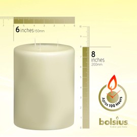 BOLSIUS 3 Wick Ivory Pillar Candle Large – 6x8 Inches - Premium European Quality - 100 Hours Burning Time - Smooth and Smokeless Flame - Relight Unscented Wedding, Dinner, Party, and Décor Candle