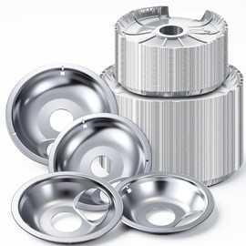 Singhoow 4 Pack Electric Stove Burner Drip Pan 2 x 6" & 2 x 8" with 40 Foil Liners, Stainless Steel Stove Burner Covers Compatible with GE Matching Structure