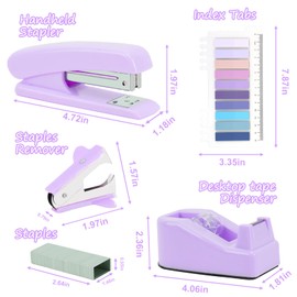 EOOUT 9pcs Purple Desk Accessories, Office Supplies Set, Stapler and Tape Dispenser Set for Women with Stapler, Tape Dispenser, Staple Remover, Staples, Clips, Scissor and Tabs for Students