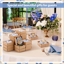 SiliFine 24 Pcs Wedding Favors for Guests Small Ceramic Bowl Bulk Gifts Set 3.3 Inch Floral Design Mini Dipping Sauce Dish with Card Box for Bridal Pooja Baby Shower Birthday Guest Gift (Blue)