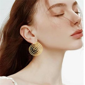 Gold Geometric Earrings Tribal Swirl Wire Spiral Earrings for Women Minimalist Wave Thread Hollow Earrings Exaggerated Statement Earrings Punk Stylish oval Twisted Earring Jewelry (Gold Round)