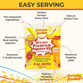Concession Essentials 8oz Popcorn Portion Packs – Pre-Measured Kernels, Oil & Salt – Case of 12 Packs for Perfect Popcorn Every Time