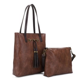Liz Soto Jane Horsebit 2-in-1 Tote Bag - Coffee Vegan Leather Tote Bag for Women with Removable Crossbody Bag, Tassel Decor, Purses for Women for Work