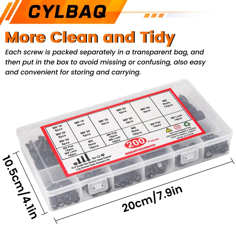 Nuts and Bolts Set M5 M6 M8, CYLBAQ Black Hex