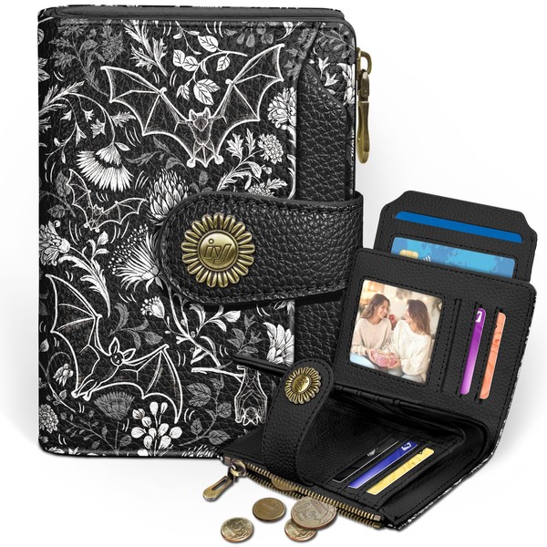 Icycay Goth Gothic Bat Small Wallet Women RFID Blocking Bifold,