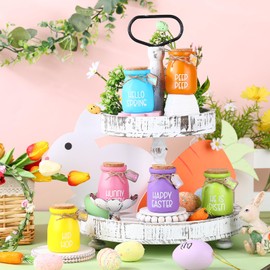 Umigy 6 Set Easter Mini Mason Jars Easter Tiered Tray Decor Bunny Small Glass Jars with Lids Wood Tags and String Easter Mason Jars for Centerpieces Kitchen Table Party Supplies