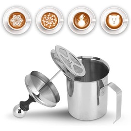 Milk Frother, 400ml/14oz Stainless Steel Pitcher Jug Manual Creamer Frother Cup Hand Pump Milk Foam Maker With Double Mesh Lid for Latte Cappuccino Coffee Cream Frothing