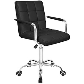 Furmax Mid-Back Office Task Chair Ribbed PU Leather Executive Chair Modern Adjustable Home Desk Chair Retro Comfortable Work Chair 360 Degree Swivel with Arms (Black)
