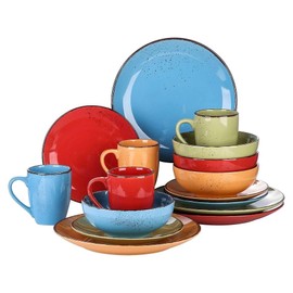 16 Piece Vintage Ceramic Stoneware Dinnerware Set, Premium Heavier Material Dishwasher & Microwave Safe Scratch & Chip Resistant Solid Colorful Blue Red Plates and Bowls and Mugs, Service for 4
