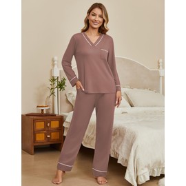 Ekouaer Women's Pajamas Sets V Neck Long Sleeve Sleepwear Comfy Pants 2 Piece Loungewear with Pocket Brown Small