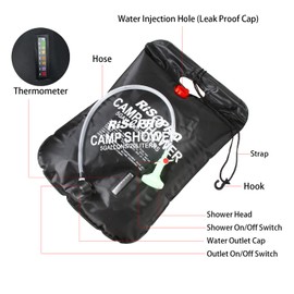 RISEPRO 5 gallons 20L Solar Shower Bag Heating Camping Shower Bag Temperature Indicator Hot Water Hiking Climbing