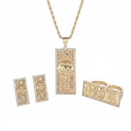 14K Golden Plated Dollar-Shaped Jewelry Set Trendy 3-Piece Costume earring, Necklace, 2 finger nugget Ring, and Earrings Unique Gift for Women