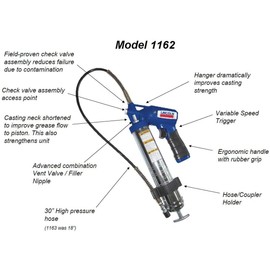 Lincoln 1162 Pneumatic Grease Gun with 30" High-Pressure Hose and Coupler, Variable Speed Trigger, 6,000 PSI, Fully Automatic, Continuous Operation, Combination Filler Coupler Air Bleeder Valve