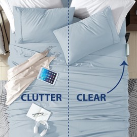 Swift Home Smart Sheets, Ultra Soft Brushed Microfiber 4-Piece Sheet Set, Fitted Bed Sheet with Side Storage Pockets – Blue Fog, Queen