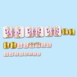 IMSOHOT Golden Glitter Press on Toenails Short Square Fake Toenails with Butterfly Design Full Cover White Glossy Acrylic False Toe Nails Summer Manicure Gel Toenails 24Pcs