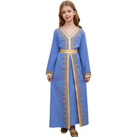 PLWEDDING Muslim Abaya for Girls Flared Sleeve Zipper Maxi Dress Islamic Prayer V Neck Embroidered Full Length Ramadan Eid Robe with Bet, French Blue