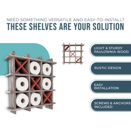 Comfify Rustic Tic-Tac-Toe Toilet Paper Holder – Freestanding or Wall Mounted Storage for Bathroom Tissue – Distressed White Farmhouse Decor