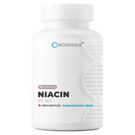 Biogenique Niacin 50mg - Vitamin B3 Niacin - Supports Energy Production, Healthy Metabolism & Nervous System function - Energy supplement - 30 Capsules Made in Canada, Non-GMO, Vegan