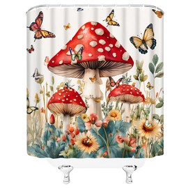 YSSFAV Mushroom Shower Curtain Country Rustic Natural Plant Butterfly Wildflowers Watercolor Sage Green Leaves Bathroom Decor Curtains Set with Hooks, 70" W x 70" H
