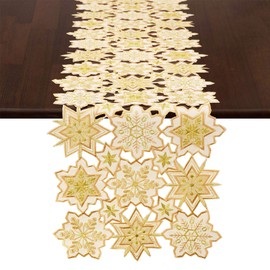 Grelucgo Embroidered and Appiqued Snowflake Table Runner for Christmas and Winter, Gold (14x84 inches)